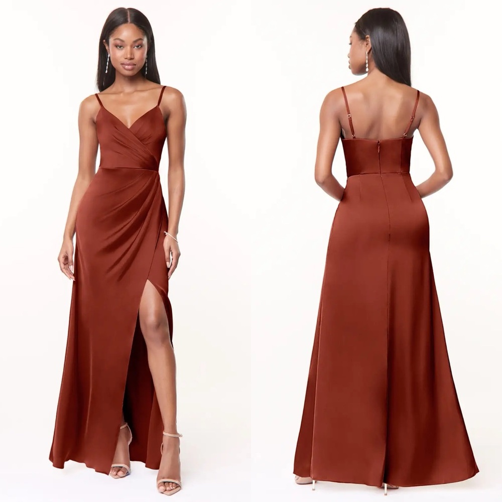 AZAZIE Maci Terracotta A-Line V-Neck Pleated Stretch Satin Dress
